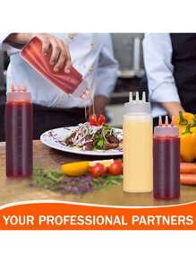 Kitchen Squeeze Bottle, 3-Hole Design With Scale - Durable PE Material, Perfect For Sauces, Condiments And Baking - Includes White, Red And Amber Nozzles, Condiment Dispenser | Modern Kitchenware | Translucent Material, Sauce Squeeze Bottle