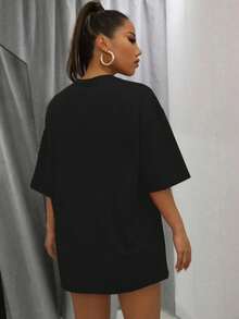 1 件女童和青少年休闲运动简约图案短袖 T 恤 - 黑色 - 查看 2