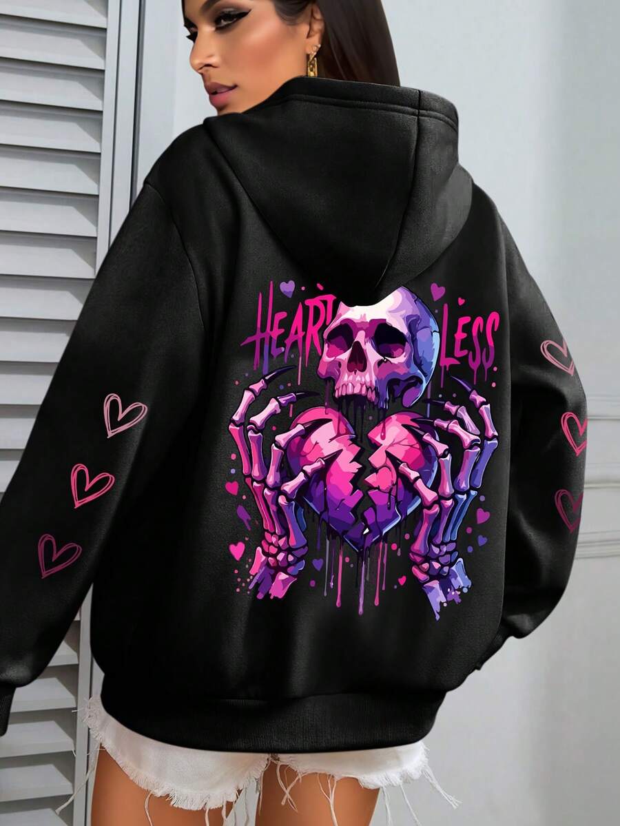 Plus Size Heart And Love Print Sweatshirt, Casual Long Sleeve Pullover With Pockets, Suitable For Autumn And Winter Season, Plus Size Clothing For Women,Suitable For Daily Wear, Going Out, Party, School, Attending Music Festivals, Vacation, Commuting. Can Be Given As A Gift To Family, Boyfriend,Girlfriend, Friends,Girls Winter Clothes,Essentials Sweatshirt - Black - View 1