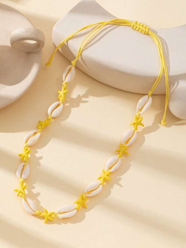 New Arrival Handmade Woven Necklace With Natural Seashell, White Turquoise, And Starfish Pendants, Fashion & Versatile