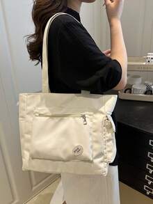 1 chiếc túi tote đa năng màu trơn nhẹ có thể gấp lại có túi khóa kéo, chống nước, sức chứa lớn, thích hợp cho phụ nữ đi làm hàng ngày, mua sắm, du lịch, ngày lễ, sinh viên, trường học, quà tặng - Màu be - Xem 4