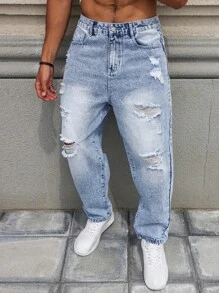 Men's Distressed Straight Leg Jeans - Light Wash - View 5