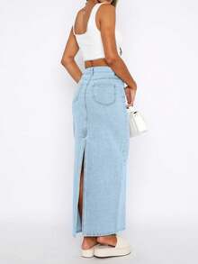 休闲街头时尚女式时尚后开衩长直筒牛仔裙，秋季新品，女式秋装，女式半身裙