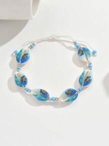 1 peça de tornozeleira de camada dupla essencial para praia e verão, cor azul e branca, fresca e charmosa com elementos de estrelas do mar e conchas, acabamento delicado e uso confortável