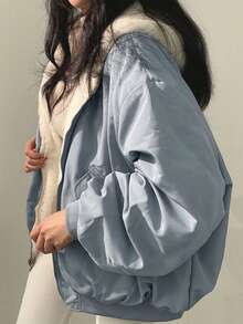 Women's Reversible Oversize Faux Shearling Lined Hooded Jacket Winter Y2K 2 Way Wear Padded Coat - 藍色 - 查看 3