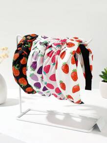 4 peças/Conjunto Cor Sólida de Tecido, Strass, Cereja, Morango, Melancia, Maçã, Poá, Xadrez, Floral Padrão Elástico Largo, Faixa de Cabelo, Acessórios para Cabelo, Diadema, Tiara