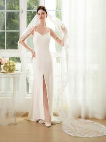 1 peça véu de noiva longo com apliques de renda, véu de casamento de 1 camada, malha macia, tule, acabamento em renda, acessórios para casamento, roupas de outono para mulheres - Bege - Ver 5