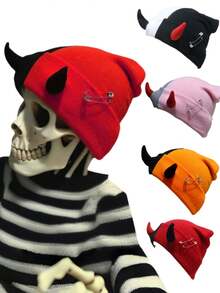 1pc Versatile Multi-Color Horned Beanie Hat, Cute Little Devil Horns, Stylish Knitted Acrylic Thin Casual Cap For Autumn/Winter, Suitable For Party/Gathering Fall Outfit