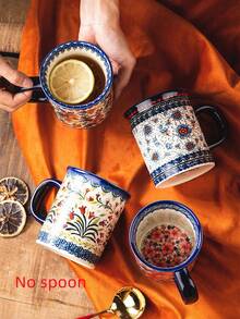 1 件手绘花卉陶瓷隔热咖啡杯，可重复使用的陶瓷饮具适合家庭使用 - 早餐杯、下午茶杯、办公室茶杯、水杯、咖啡杯、果汁杯、日常野餐、客厅、餐厅、厨房、办公室，适合斋月、开斋节礼物，适合儿童礼物、派对礼物 - 手彩4色杯 - 查看 6