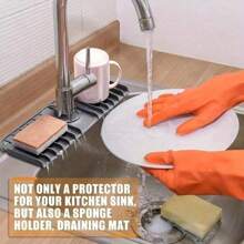 Silicone Kitchen Sink Organizer & Splash Guard - Multi-Functional Draining Tray For Sponge, Soap Dispenser And Cleaning Tools, 5° Incline Design For Faster Drainage, Leak-Proof Countertop Protection, Bathroom Storage | High Rim Organizer | Silicone Sink Mat