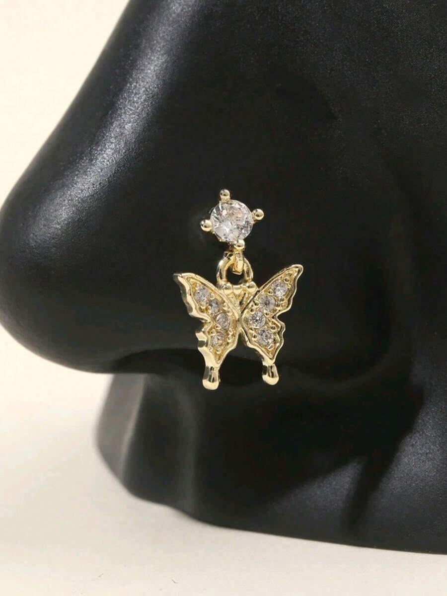 蝴蝶鼻环和耳骨耳环套装，性感简约，镶嵌立方氧化锆，适合度假/日常佩戴，四季皆宜的时尚配饰 - 蝴蝶吊墜鼻釘 - 查看 1