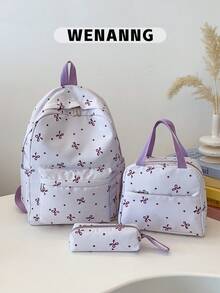 三件套休闲学院风蝴蝶结印花背包套装，包含背包、午餐包、斜挎包和铅笔盒，带笔记本电脑隔层、可调节肩带、多口袋，多功能日常背包套装，适合女性/女孩/青少年/大学生/毕业生，日常使用/度假/旅行/返校，可爱蝴蝶结背包，返校必备，大学背包，大学必备单品 - 紫色 - 查看 1