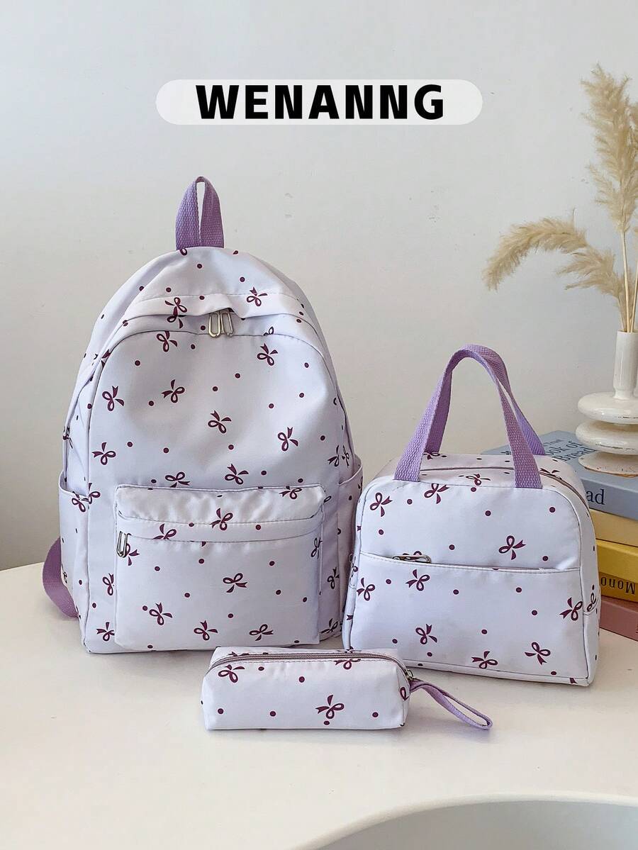 三件套休闲学院风蝴蝶结印花背包套装，包含背包、午餐包、斜挎包和铅笔盒，带笔记本电脑隔层、可调节肩带、多口袋，多功能日常背包套装，适合女性/女孩/青少年/大学生/毕业生，日常使用/度假/旅行/返校，可爱蝴蝶结背包，返校必备，大学背包，大学必备单品 - 紫色 - 查看 1