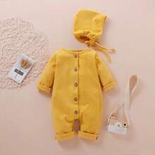 Conjunto de 2 Piezas para Recién Nacido Niño o Niña, Mameluco de Manga Larga de Color Sólido con Gorro para Bebé - Amarillo - Ver 2