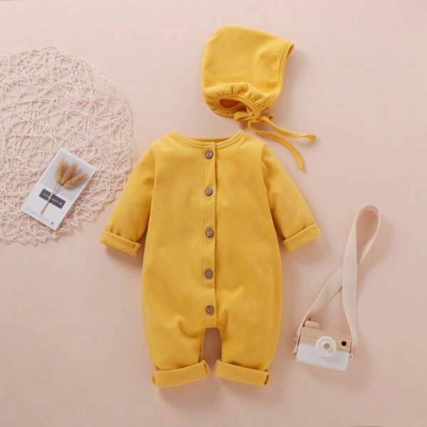 Conjunto de 2 Piezas para Recién Nacido Niño o Niña, Mameluco de Manga Larga de Color Sólido con Gorro para Bebé