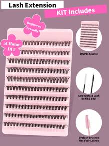 200 Peças Conjunto de Extensão de Cílios Falsos de Grande Capacidade Tipo C com Adesivo de Extensão de Cílios, Pinça para Cílios, Escova para Cílios, Conjunto de Cílios Falsos Simulando Cílios Naturais, Macios, Finos e Leves para Criar Cachos Naturais de Cílios Falsos