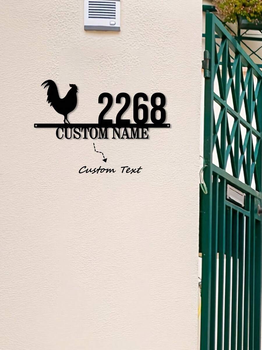 1pc Customizable Metal Rooster Plaque - Family Name Address Sign, Suitable For Home, And Outdoor Decor - Multicolor - View 1