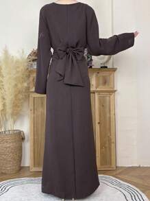 1 pieza Vestido Jalabeya informal de unicolor con cordón para mujer, elegante para Eid Mubarak, uso en el hogar, citas, viajes, vacaciones, primavera/otoño
