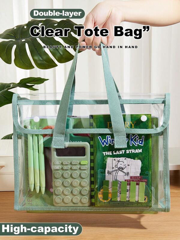 Bolsa de tote transparente de doble capa - Bolsas reutilizables de gran capacidad con correas de transporte talla grande anchas - Bolsas de supermercado resistentes, para la escuela, la oficina, la playa, las compras, los útiles escolares, de vuelta a la escuela
