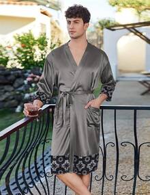 Mens Satin Robe Lightweight Silky Kimono Bathrobe 3/4 Sleeve Spa Knee Length Loungewear With Pockets S-3XLhalloween - 深灰色圖案 - 查看 2