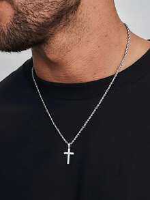 1pc Men's Stainless Steel Gold-Plated Cross Pendant, Fashionable Minimalist Rope Chain Necklace, Perfect Men's Jewelry Accessory - Multicolor - View 1