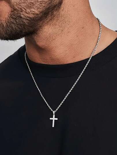 1 Men'S Stainless Steel Gold-Plated Cross Pendant, Fashionable And Minimalist Rope Chain Necklace, Perfect For Men'S Jewelry Accessories