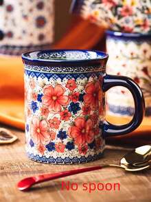 1 件手绘花卉陶瓷隔热咖啡杯，可重复使用的陶瓷饮具适合家庭使用 - 早餐杯、下午茶杯、办公室茶杯、水杯、咖啡杯、果汁杯、日常野餐、客厅、餐厅、厨房、办公室，适合斋月、开斋节礼物，适合儿童礼物、派对礼物 - 手彩4色杯 - 查看 4