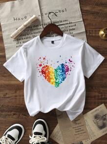 Girls & Teens Students Casual Printed White Round Neck Short Sleeve T-Shirt, Summer Top