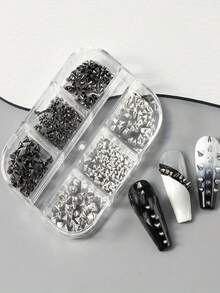 6Grids 金属铆钉美甲饰品，3D 铆钉朋克美甲饰物，黑色和银色哥特式金属锥形钉，酷女孩美甲装饰，日式耳朵美甲，美甲装饰美甲用品美甲美甲宝石