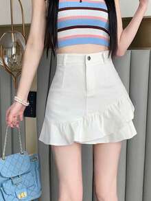 Women's Casual Patchwork Ruffle Hem Denim Mini Skirt White - White - View 5