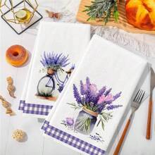 2pcs Set, Lavender Series Plaid Border Printed Towels, Ultra-Fine Fiber Modern Absorbent Cleaning Cloths, Cooking Baking Tea Towels, Dishcloths, Hand Towels, Super Soft, Highly Absorbent, Kitchen Decor, Neighbor/Mom/Birthday Gift, Housewarming Present For Friends, Kitchen Accessories, Household Essentials For Beauty Salon Home Bathroom