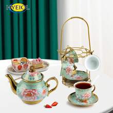 20-Piece European Floral Tea Set - 700ml Ceramic Teapot & 6x160ml Gold-Trimmed Cups With Saucers, Elegant Afternoon Tea Service For Women, Weddings & Parties - Includes Metal Holder