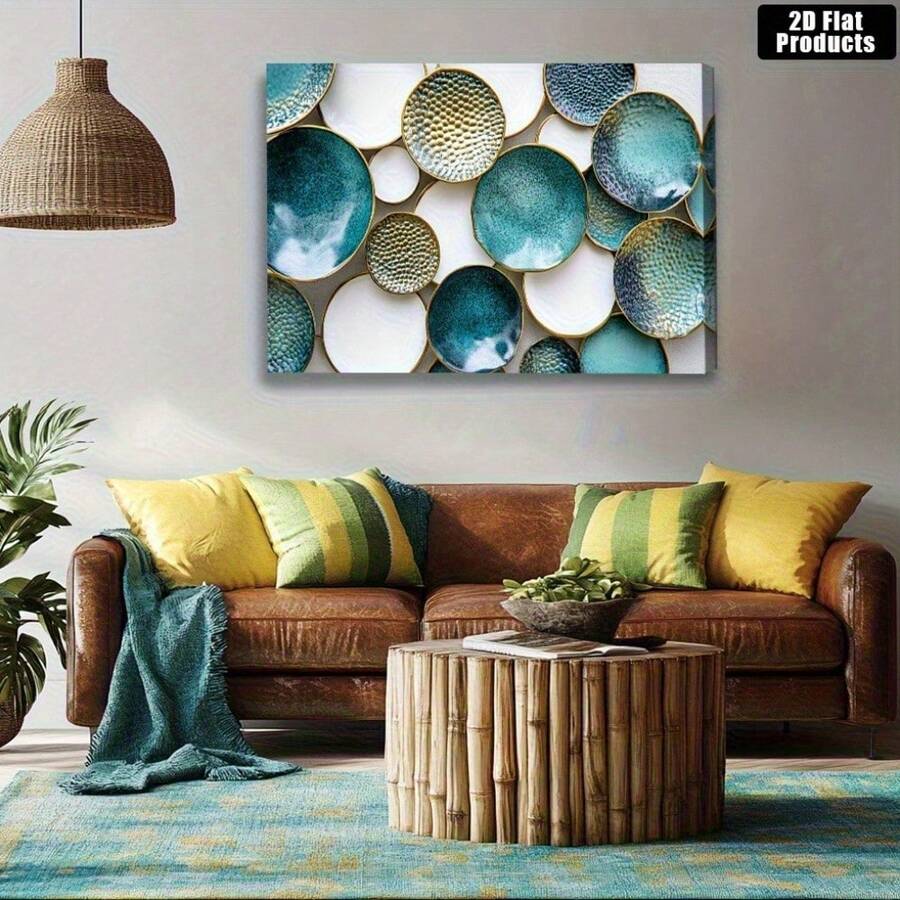 [2D Flat]	1pc Elegant Black-Golden Circular Artwork Gift For Family, High-Definition Printing With Frame Suitable For Office, Bedroom, Kitchen, Living Room, Elegant Style, Light Luxury, High-End Feeling - 霧霾藍 - 查看 1