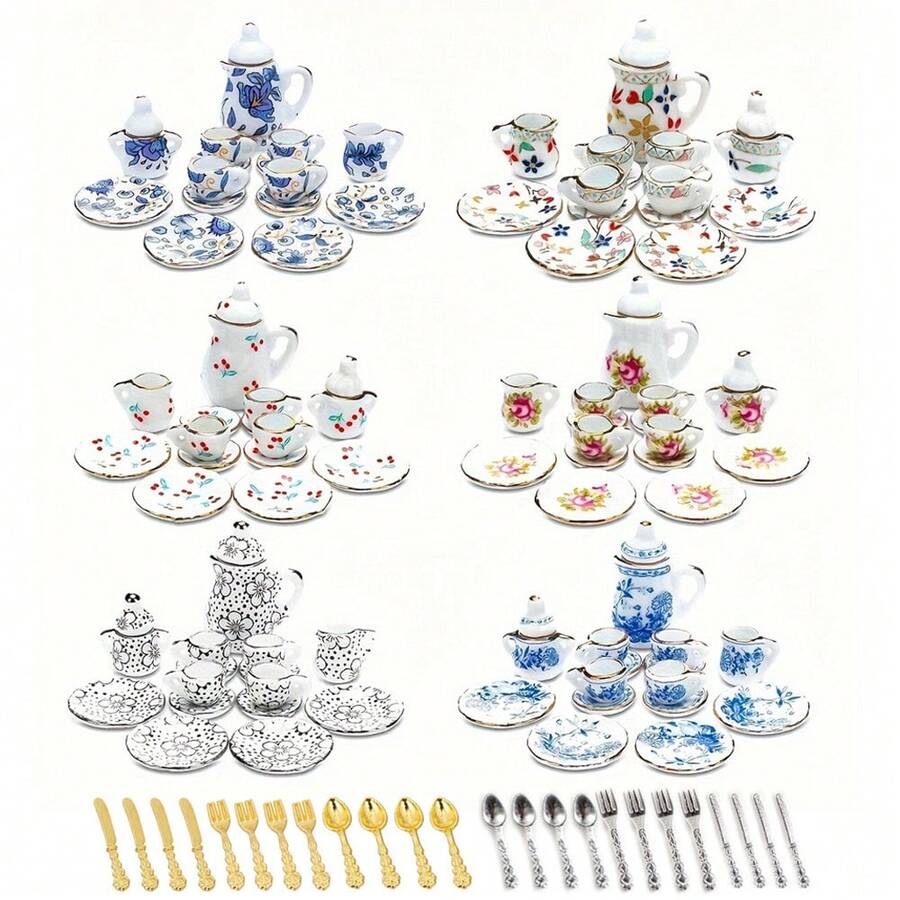 15pcs Miniature Porcelain Tea Cup Set, Vintage Flower Pattern Dollhouse Kitchen Ceramic Teapot & Dish Set,Miniature Cups,Tea Party Set,Miniature Cup - Multicolor - View 1