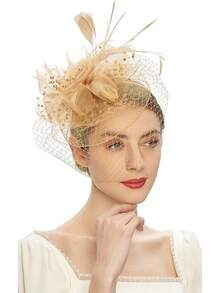 Derby Fascinators Women High Tea Party Hat Wedding Cocktail Flower Headware With Mesh And Feathers - A-金 - 查看 4
