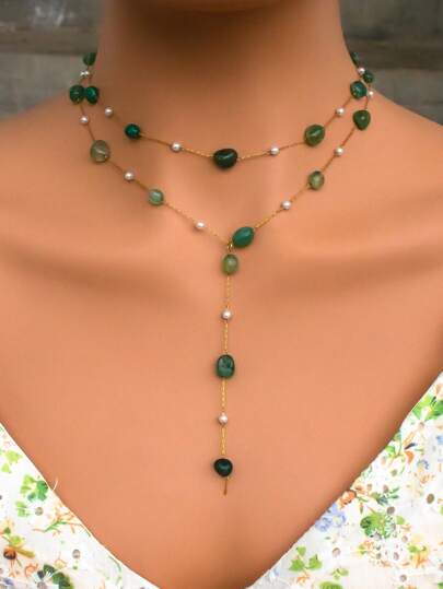 قلادة حجر طبيعي متعددة الطبقات 1 قطعة، بشكل حرف Y غير متماثل، رقائق كريستال، أمثيست، أفنتورين أخضر، عقيق أحمر، من الفولاذ المقاوم للصدأ للسيدات