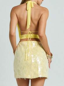 Women's Sequin Mini - Skirt For Party, Nightclub  Performance - Yellow - View 2