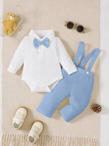 2pcs Baby Boys Solid Long Sleeve POLO Collar Romper With Bow Tie & Overall Style Pants Set, Comfy & Casual Yet Adorable - Blue - View 2