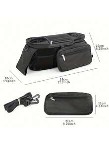 1pc Black Baby Stroller Hanging Storage Bag, Multi-Functional Diaper Caddy With Cup Holder, Detachable Phone Pouch And Shoulder Strap, Portable Design