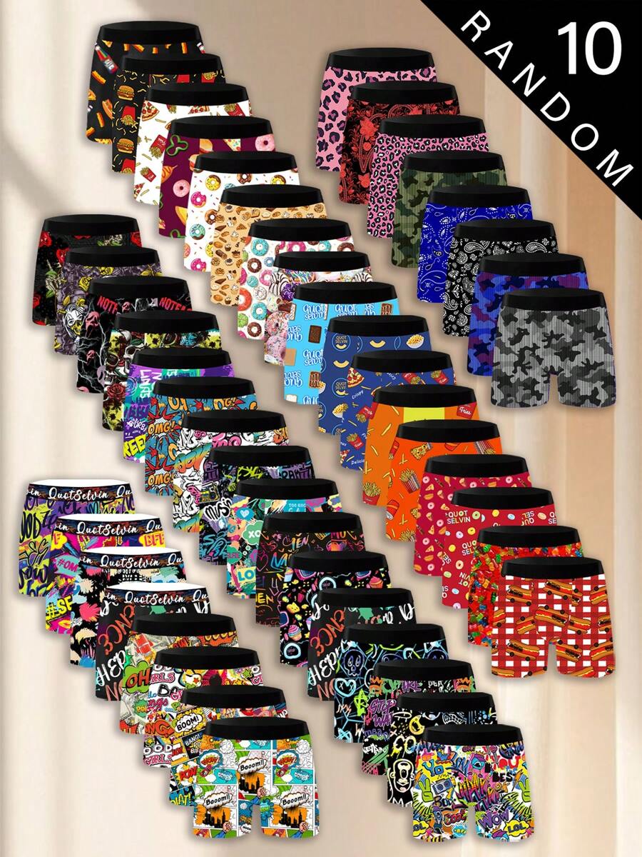 Random 10-Pack Vibrant Graffiti Style Men's Long Boxer Briefs