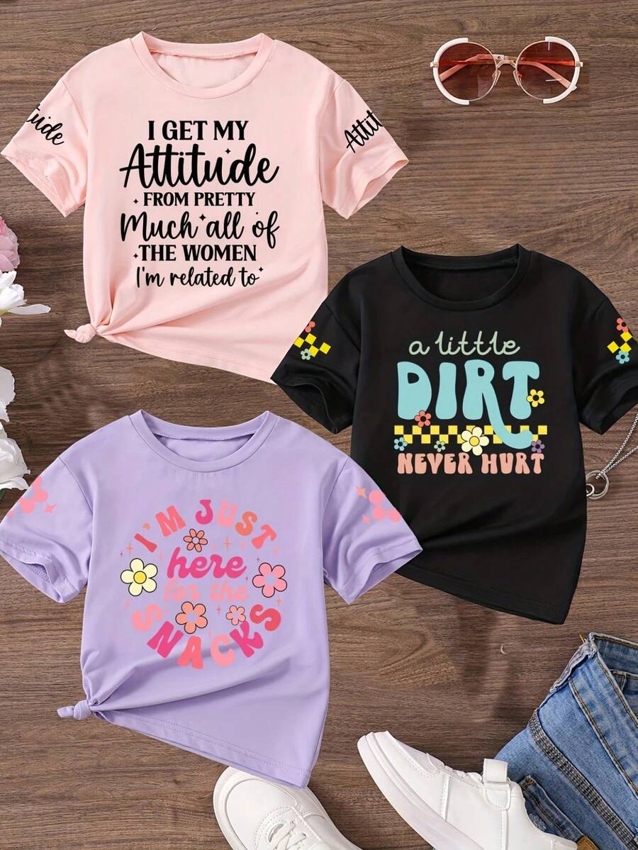 3 件套女童幼儿休闲印花圆领短袖 T 恤，夏季儿童服装 - 引人注目的 T 恤为每个孩子带来欢乐和幸福！ - 紫色 - 查看 1