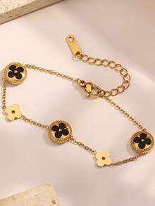 1 pieza Pulsera de trébol de cuatro hojas minimalista de lujo, diseño reversible de acero inoxidable de doble cara, no se desvanece, accesorio de joyería - Pulsera de flor de la suerte - Ver 1