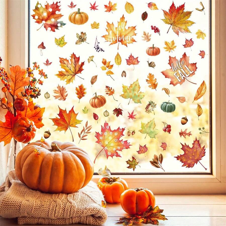107pcs Stiker Jendela Musim Gugur Thanksgiving - Daun Maple dan Kerucut Pinus Lukisan Minyak Stiker Jendela untuk Dekorasi Rumah Kaca Musim Gugur dan Dekorasi Thanksgiving - MultiWarna - View 1
