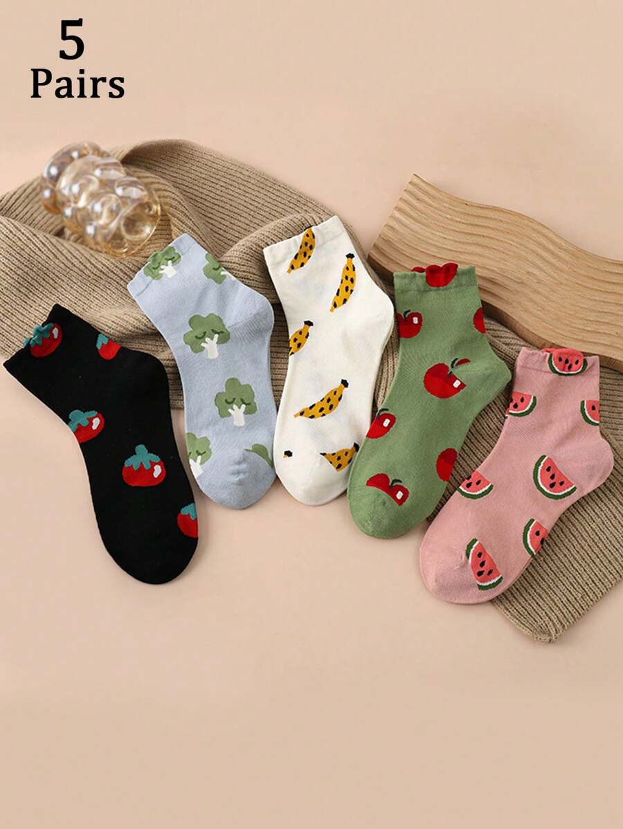 5 paires de chaussettes mi-mollets colorées assorties pour femmes avec imprimé de légumes et de fruits, design polyvalent et casual, pour toutes les saisons