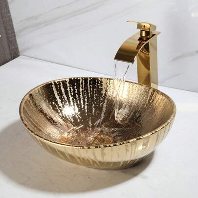 Gold Ceramic Bathroom Vessel Sink With Faucet And Pop Up Drain Combo Bowl Above Counter Vessel Sink Oval For Modern Luxury Bathroom