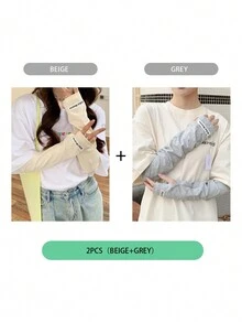 1 双女士轻质冰丝防紫外线防晒袖套宽松长款手套，适合夏季驾驶 - 純色冰袖 - 查看 19