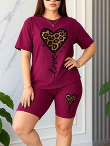 Relaxiva Set de 2 camisetas de mujer de tallas grandes con estampado de corazón y leopardo  Animal    Casual    Canalé    Canalé    CONJUNTO  Deportivo    PRIMAVERA OTOÑO VERANO - Color caoba - Ver 3