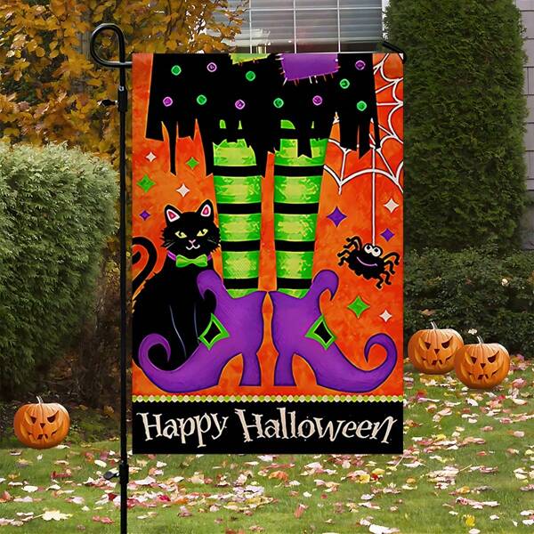 1 pieza - Bandera de jardín de Bienvenida a la Bruja del Bosque de Halloween - Decoración exterior de poliéster, resistente a la intemperie y resistente a la decoloración, sin necesidad de asta, diseño de bruja espeluznante de 12x18 pulgadas para porche, jardín y decoraciones de fiesta de Halloween (Colección 2025)