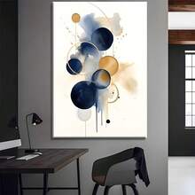 1pc Wooden Framed Canvas Poster - Abstract Circle Art Print In Blue & Golden, Contemporary Bohemian Modern Wall Decor For Bedroom, Handmade Wood Frame & Premium Canvas, Ready-To-Hang Home Decoration Painting, Perfect Gift, Canvas Art Wall Decor, Quality Craftsmanship, 2D Flat, Perfect For Room Decor - Dark Blue - View 2