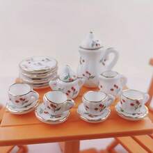 15pcs Miniature Porcelain Tea Cup Set, Vintage Flower Pattern Dollhouse Kitchen Ceramic Teapot & Dish Set,Miniature Cups,Tea Party Set,Miniature Cup - Multicolor - View 9